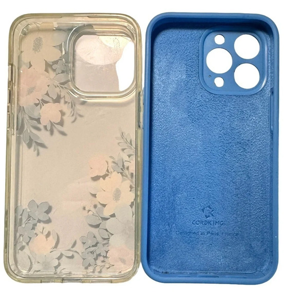 iPhone 13 Pro Cases - Blue silicone case and clear case with floral pattern - Picture 2 of 4